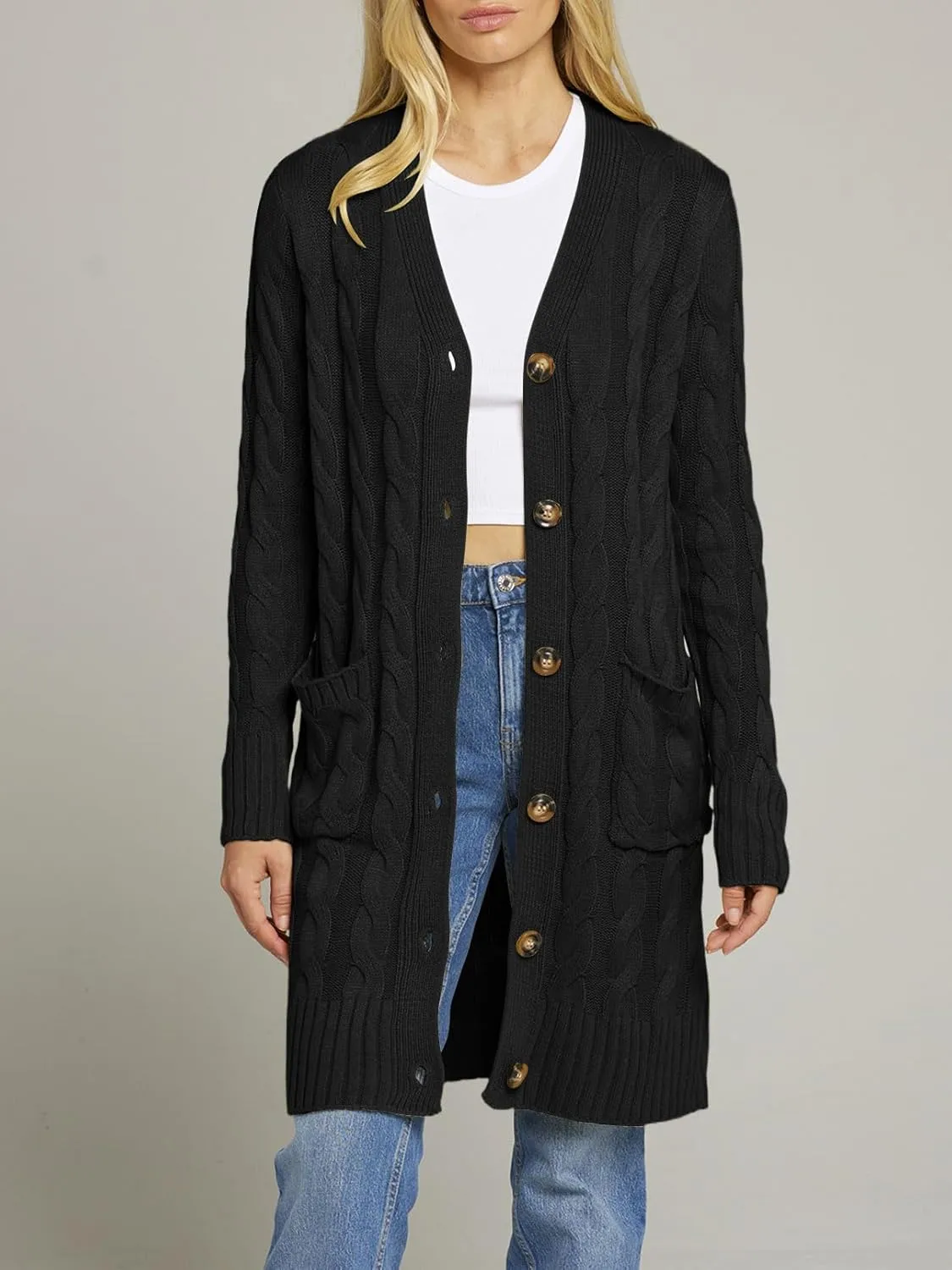 MEROKEETY Women's 2024 Long Sleeve Cable Knit Long Cardigan Open Front Button Sweater Outerwear