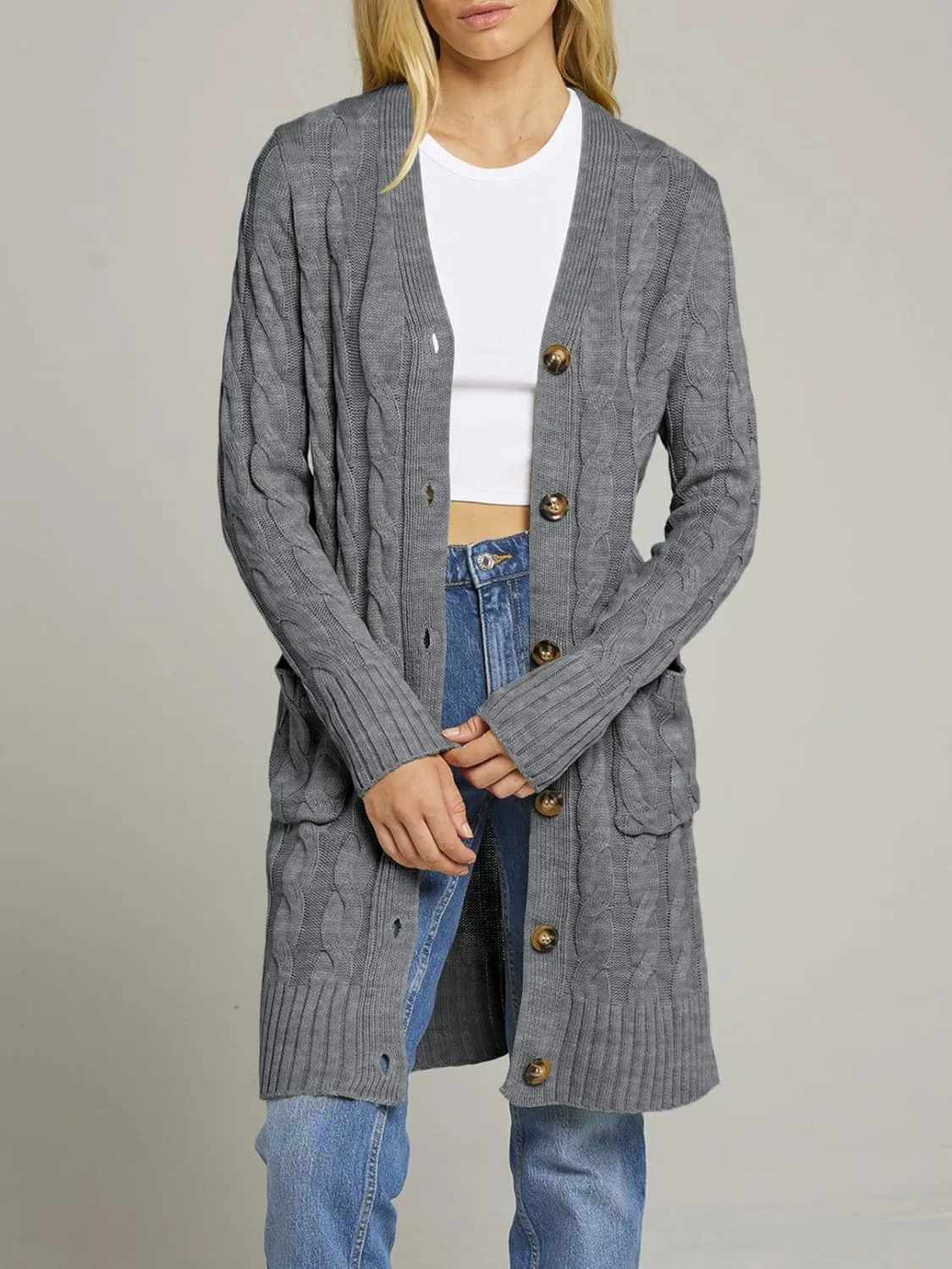 MEROKEETY Women's 2024 Long Sleeve Cable Knit Long Cardigan Open Front Button Sweater Outerwear