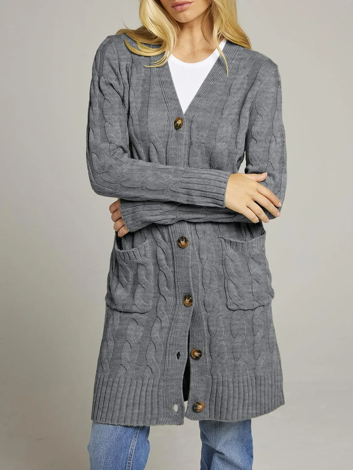 MEROKEETY Women's 2024 Long Sleeve Cable Knit Long Cardigan Open Front Button Sweater Outerwear
