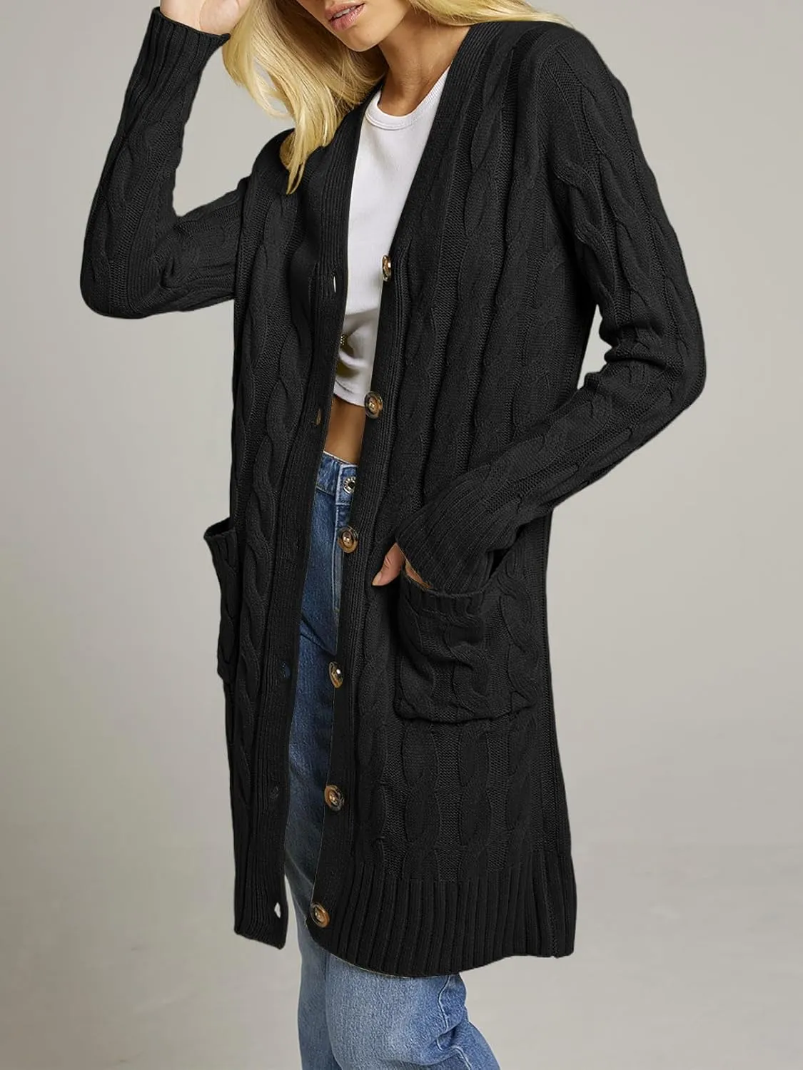 MEROKEETY Women's 2024 Long Sleeve Cable Knit Long Cardigan Open Front Button Sweater Outerwear