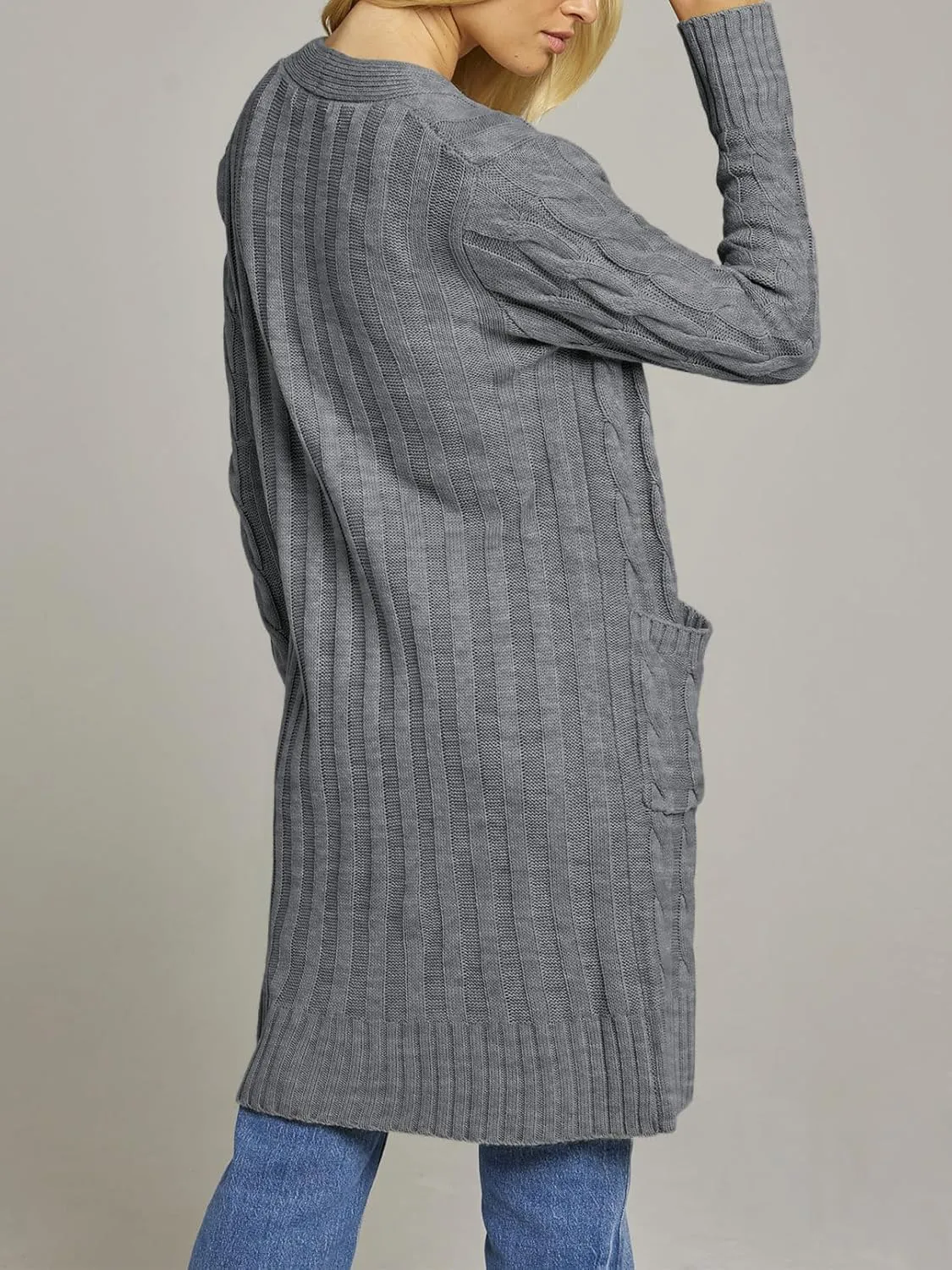 MEROKEETY Women's 2024 Long Sleeve Cable Knit Long Cardigan Open Front Button Sweater Outerwear
