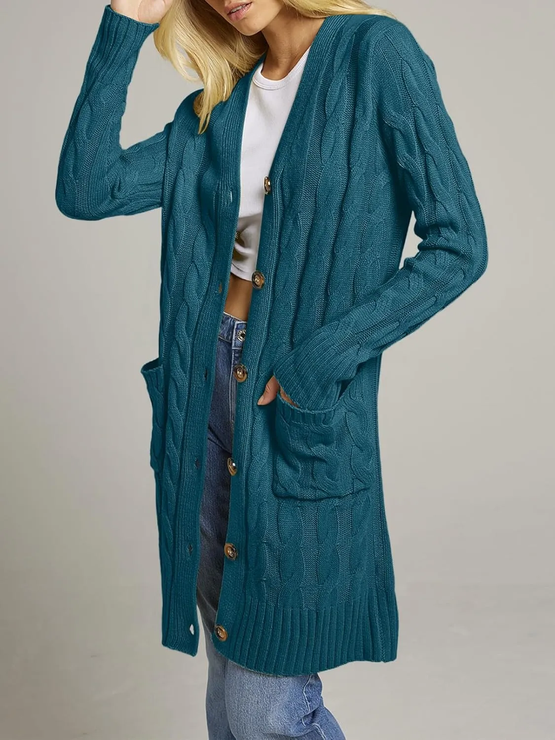 MEROKEETY Women's 2024 Long Sleeve Cable Knit Long Cardigan Open Front Button Sweater Outerwear