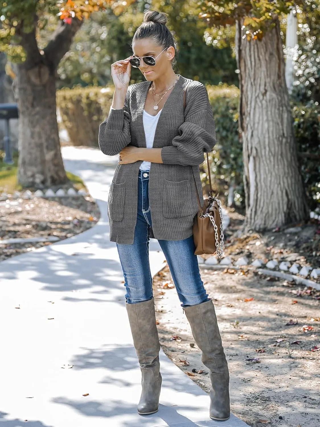 MEROKEETY Women's Fall Open Front Long Lantern Sleeve Cardigan Oversized Chunky Outwear with Pocket