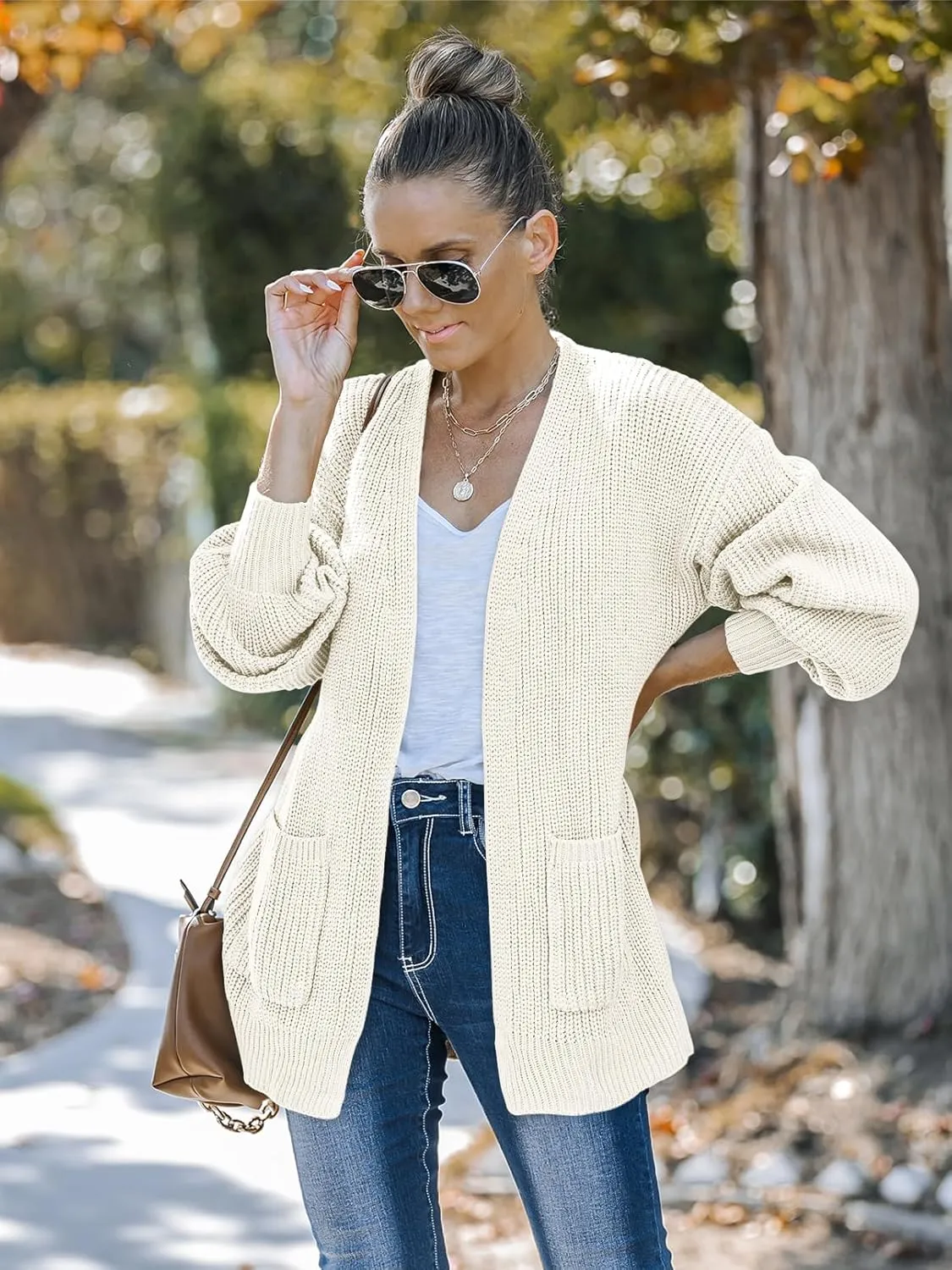 MEROKEETY Women's Fall Open Front Long Lantern Sleeve Cardigan Oversized Chunky Outwear with Pocket