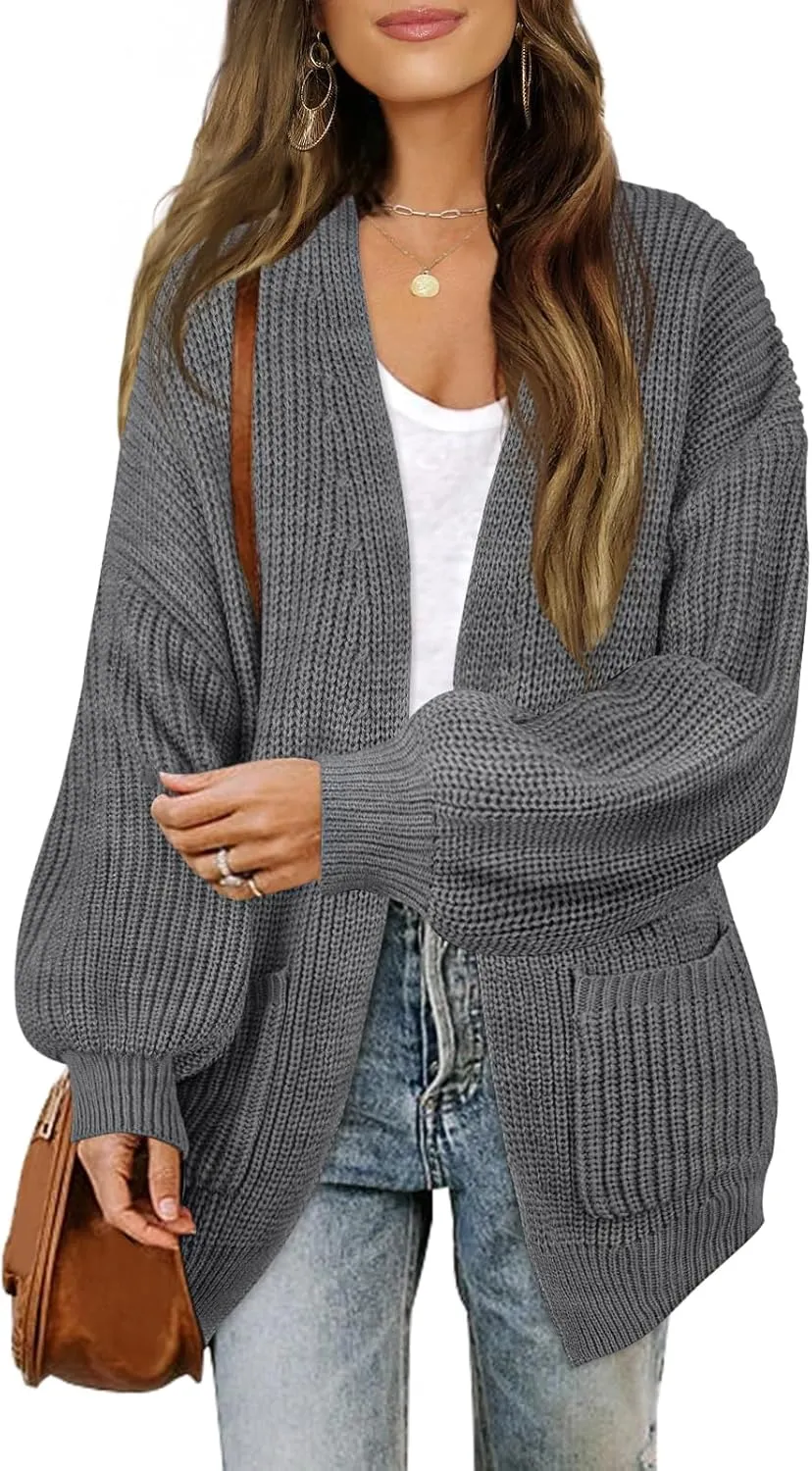 MEROKEETY Women's Fall Open Front Long Lantern Sleeve Cardigan Oversized Chunky Outwear with Pocket