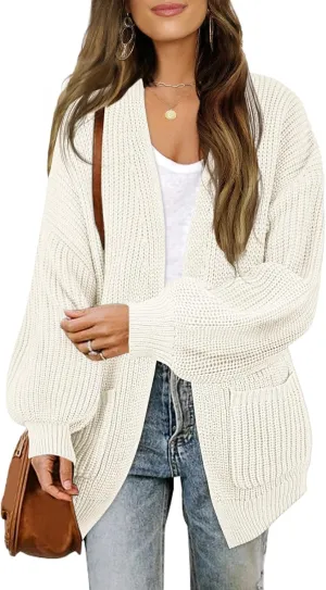MEROKEETY Women's Fall Open Front Long Lantern Sleeve Cardigan Oversized Chunky Outwear with Pocket