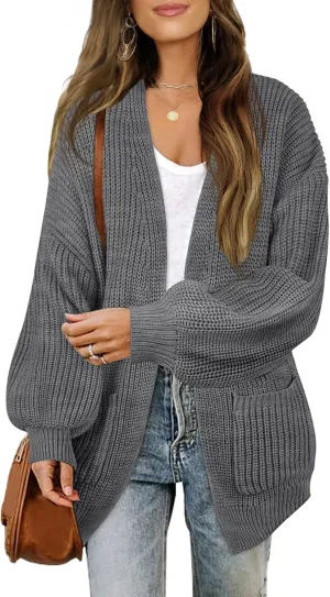 MEROKEETY Women's Fall Open Front Long Lantern Sleeve Cardigan Oversized Chunky Outwear with Pocket