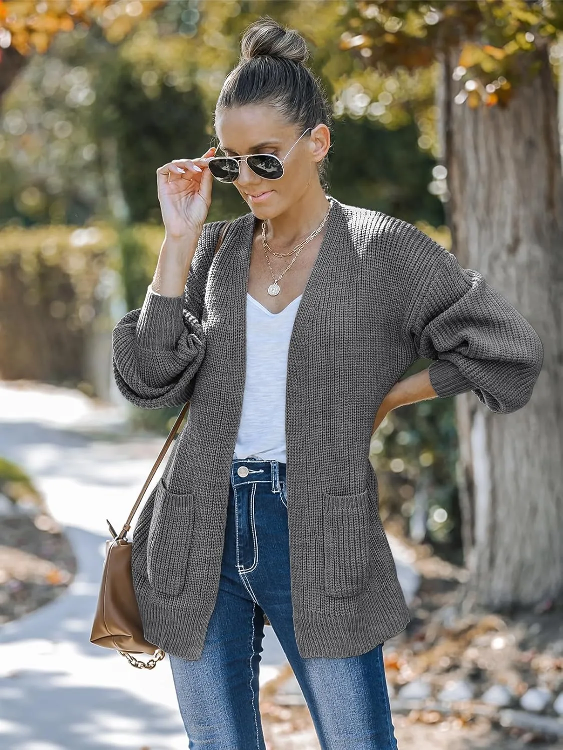 MEROKEETY Women's Fall Open Front Long Lantern Sleeve Cardigan Oversized Chunky Outwear with Pocket