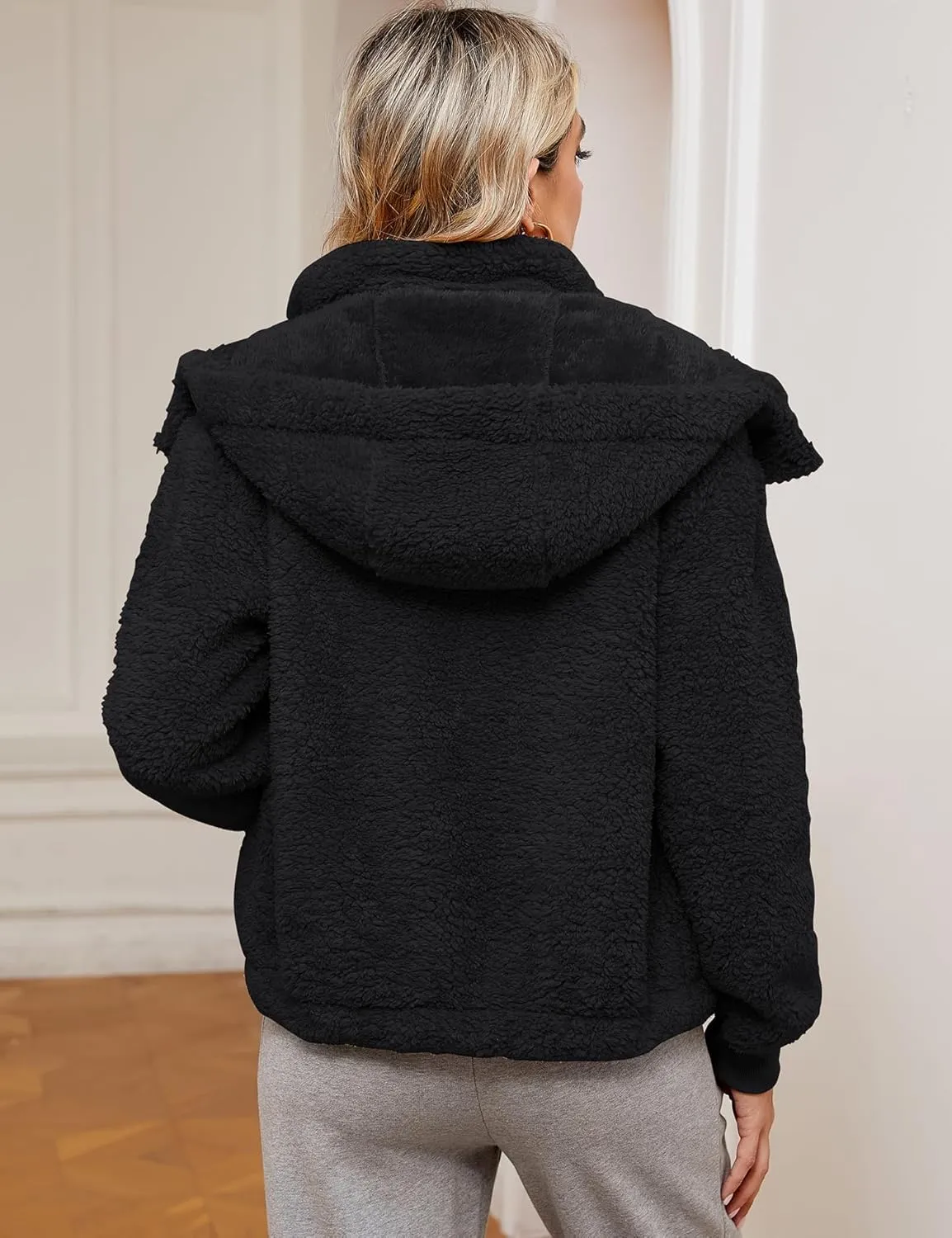 Micoson Womens Faux Fur Coat Winter Full Zip Sherpa Fleece Jacket Long Sleeve Warm Fuzzy Outerwear with Hooded