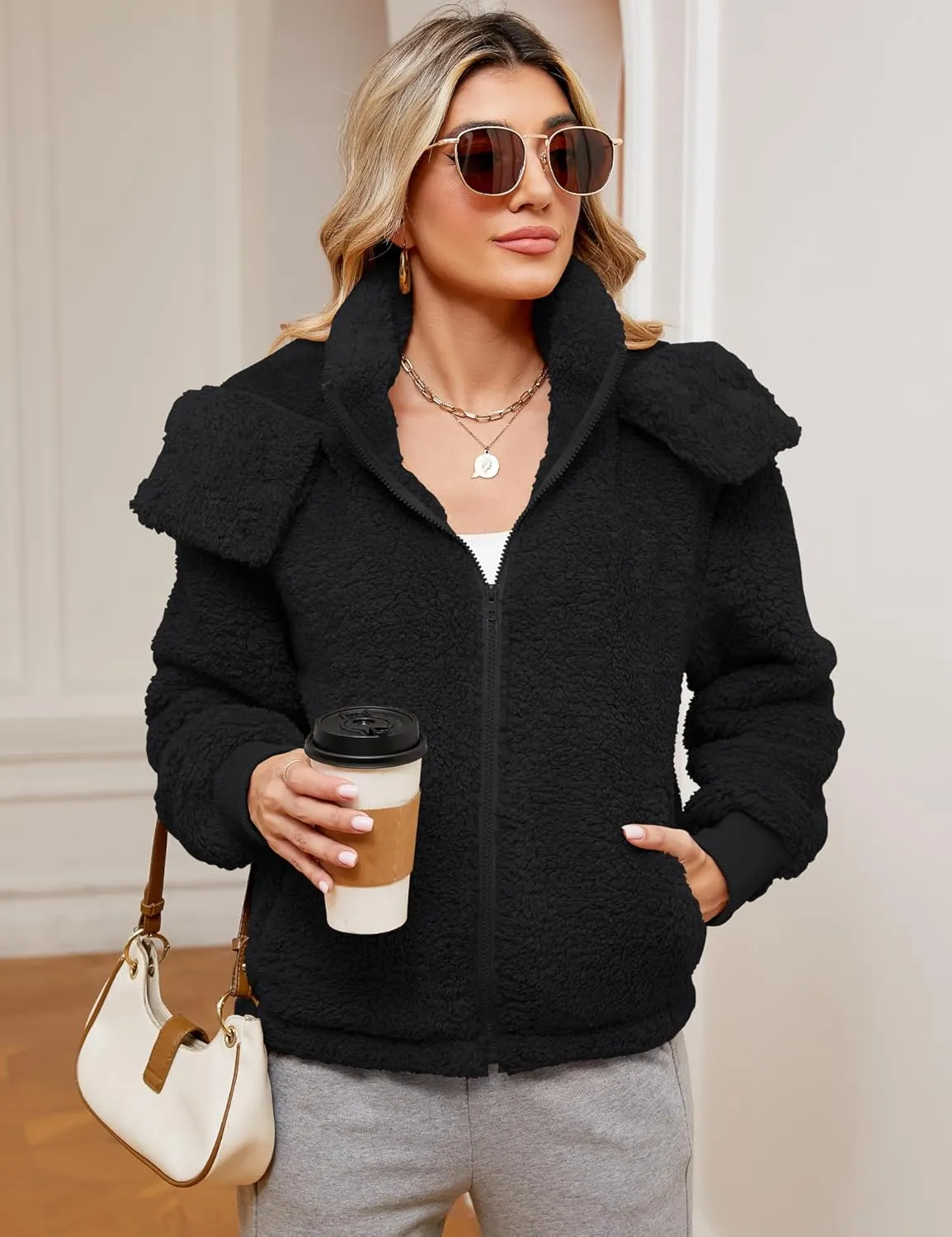 Micoson Womens Faux Fur Coat Winter Full Zip Sherpa Fleece Jacket Long Sleeve Warm Fuzzy Outerwear with Hooded