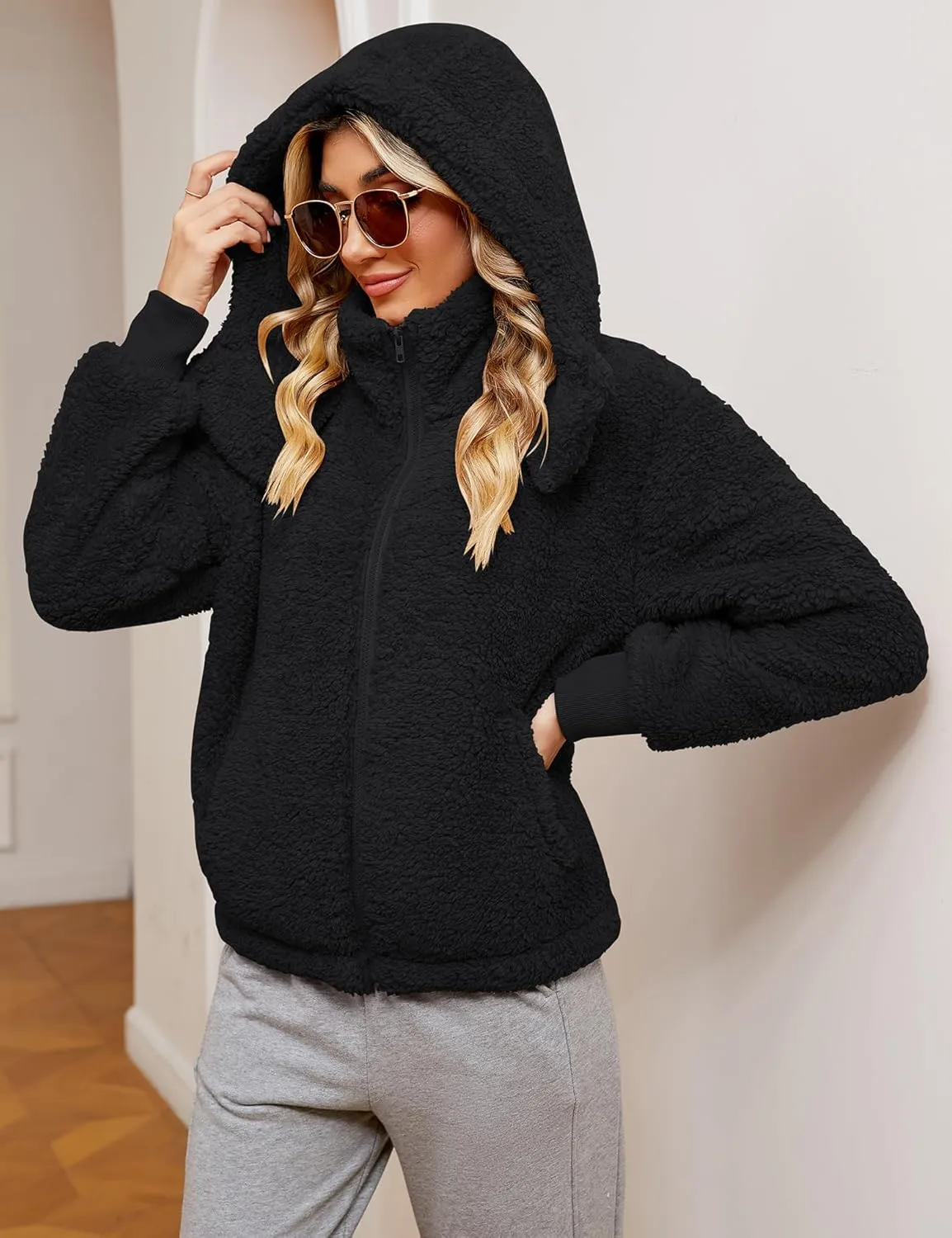 Micoson Womens Faux Fur Coat Winter Full Zip Sherpa Fleece Jacket Long Sleeve Warm Fuzzy Outerwear with Hooded