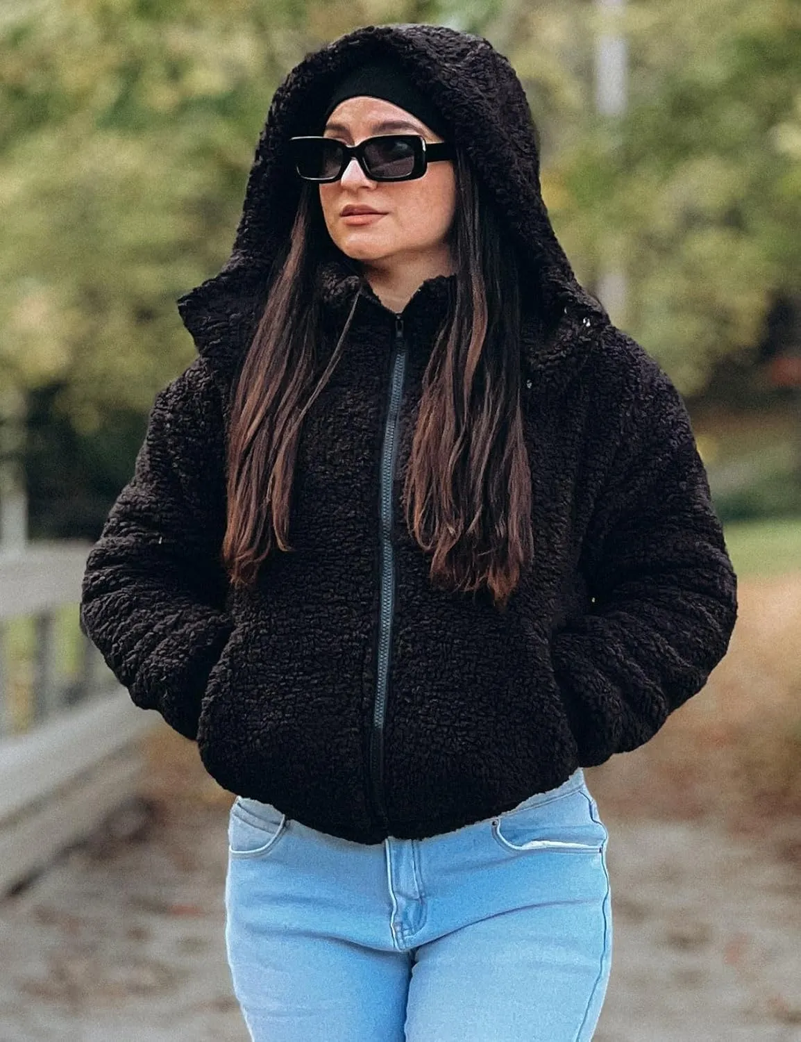 Micoson Womens Faux Fur Coat Winter Full Zip Sherpa Fleece Jacket Long Sleeve Warm Fuzzy Outerwear with Hooded