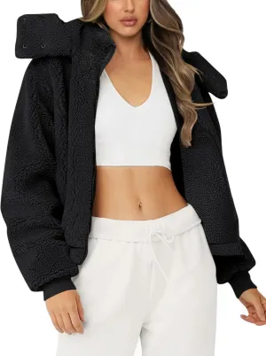 Micoson Womens Faux Fur Coat Winter Full Zip Sherpa Fleece Jacket Long Sleeve Warm Fuzzy Outerwear with Hooded