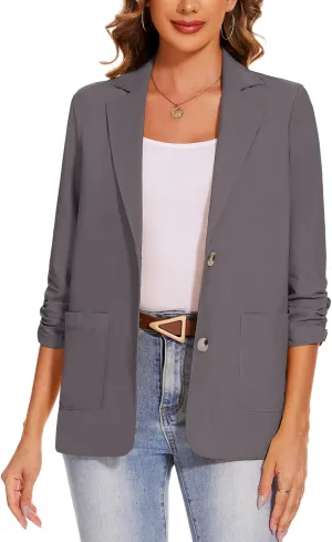 MINTLIMIT Women's Cotton Linen Blazer Jackets Ruched 3/4 Sleeve Summer Casual Lightweight Button Lapel Blazers with Pockets