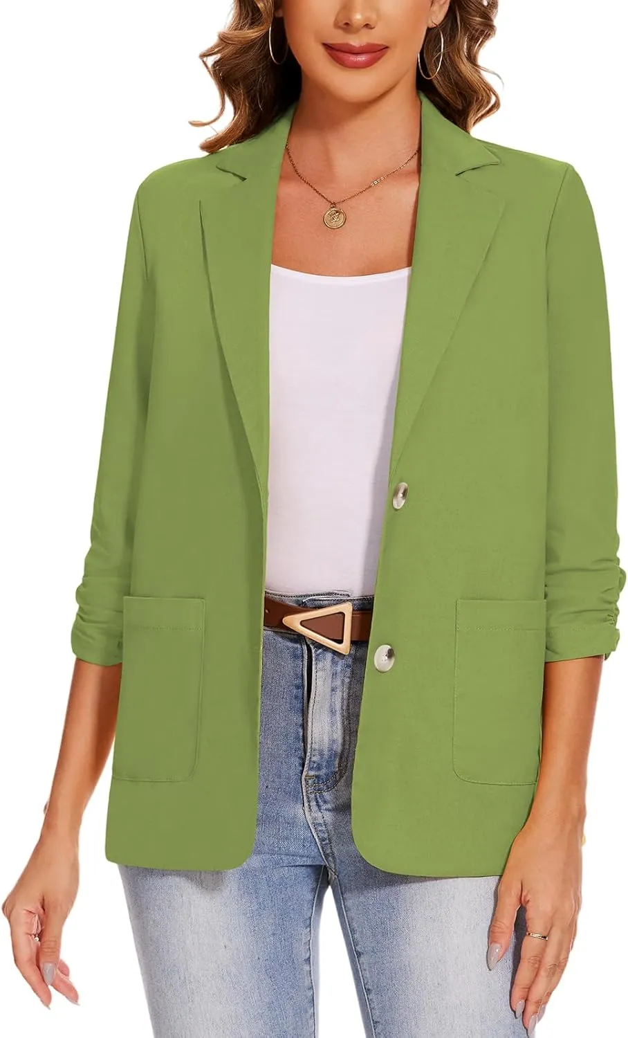 MINTLIMIT Women's Cotton Linen Blazer Jackets Ruched 3/4 Sleeve Summer Casual Lightweight Button Lapel Blazers with Pockets