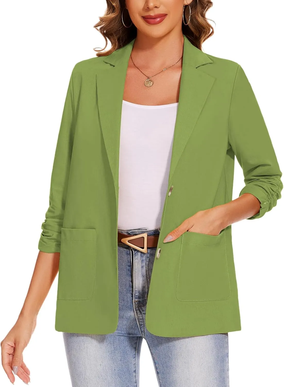 MINTLIMIT Women's Cotton Linen Blazer Jackets Ruched 3/4 Sleeve Summer Casual Lightweight Button Lapel Blazers with Pockets