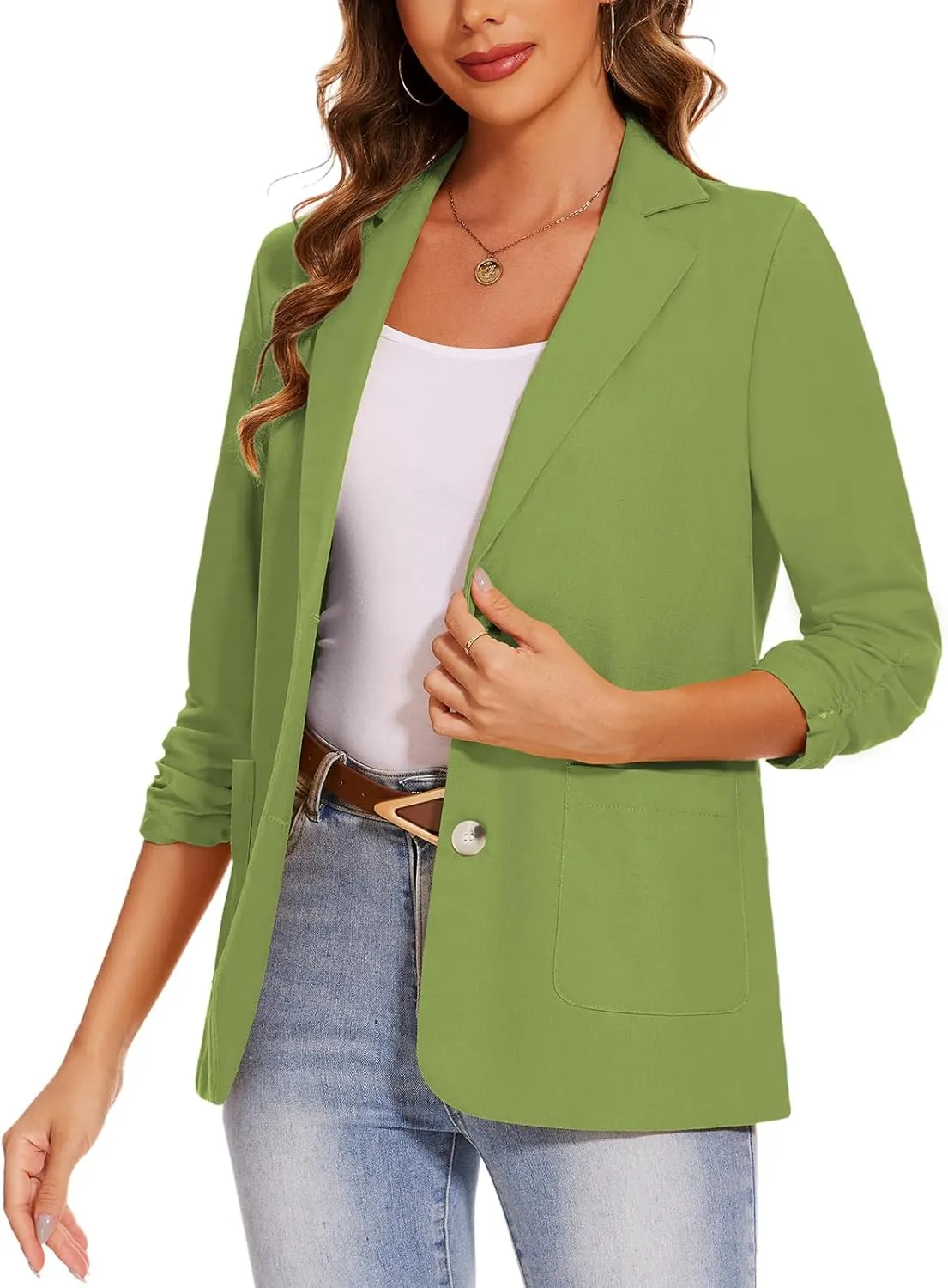 MINTLIMIT Women's Cotton Linen Blazer Jackets Ruched 3/4 Sleeve Summer Casual Lightweight Button Lapel Blazers with Pockets