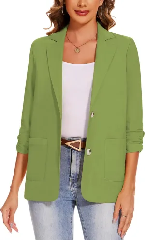 MINTLIMIT Women's Cotton Linen Blazer Jackets Ruched 3/4 Sleeve Summer Casual Lightweight Button Lapel Blazers with Pockets