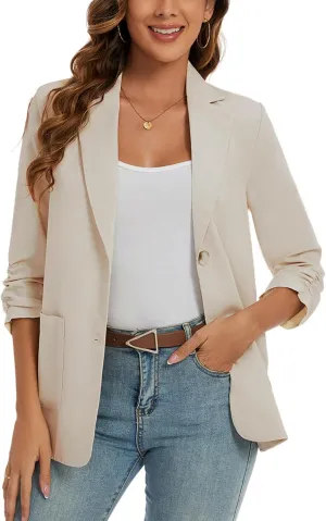 MINTLIMIT Women's Cotton Linen Blazer Jackets Ruched 3/4 Sleeve Summer Casual Lightweight Button Lapel Blazers with Pockets