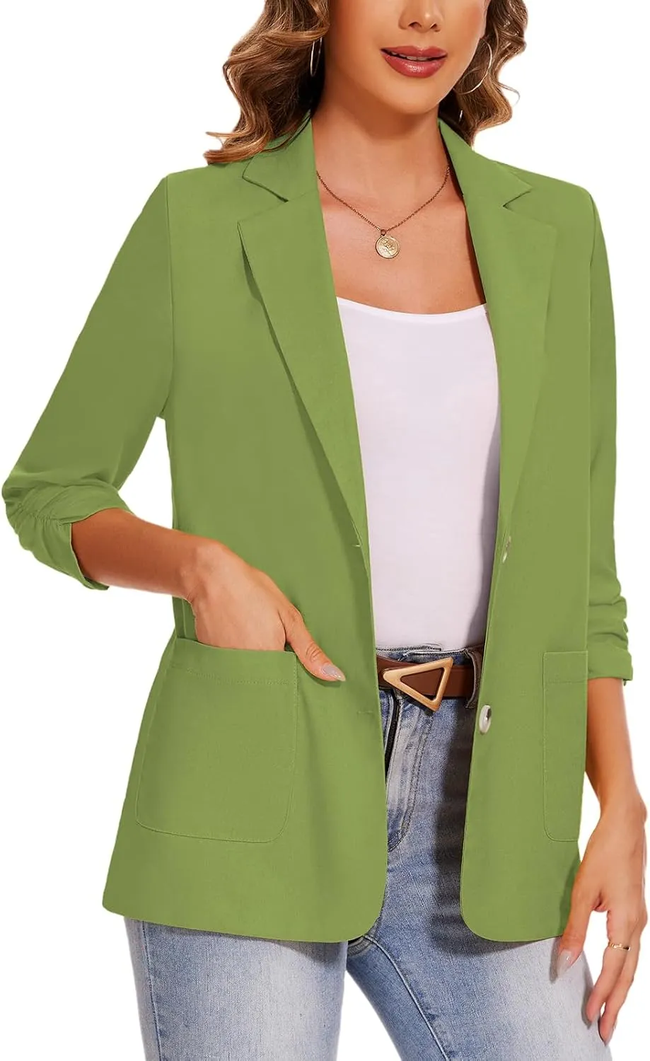 MINTLIMIT Women's Cotton Linen Blazer Jackets Ruched 3/4 Sleeve Summer Casual Lightweight Button Lapel Blazers with Pockets