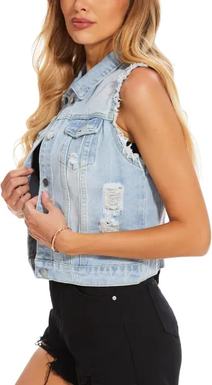 MISS MOLY Women's Cropped Distressed Ripped Denim Vest Classic Sleeveless Jean Vest Jackets With Flap Pockets
