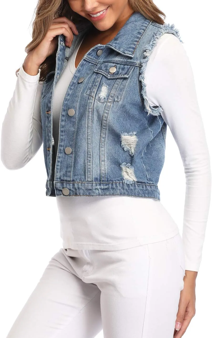 MISS MOLY Women's Cropped Distressed Ripped Denim Vest Classic Sleeveless Jean Vest Jackets With Flap Pockets