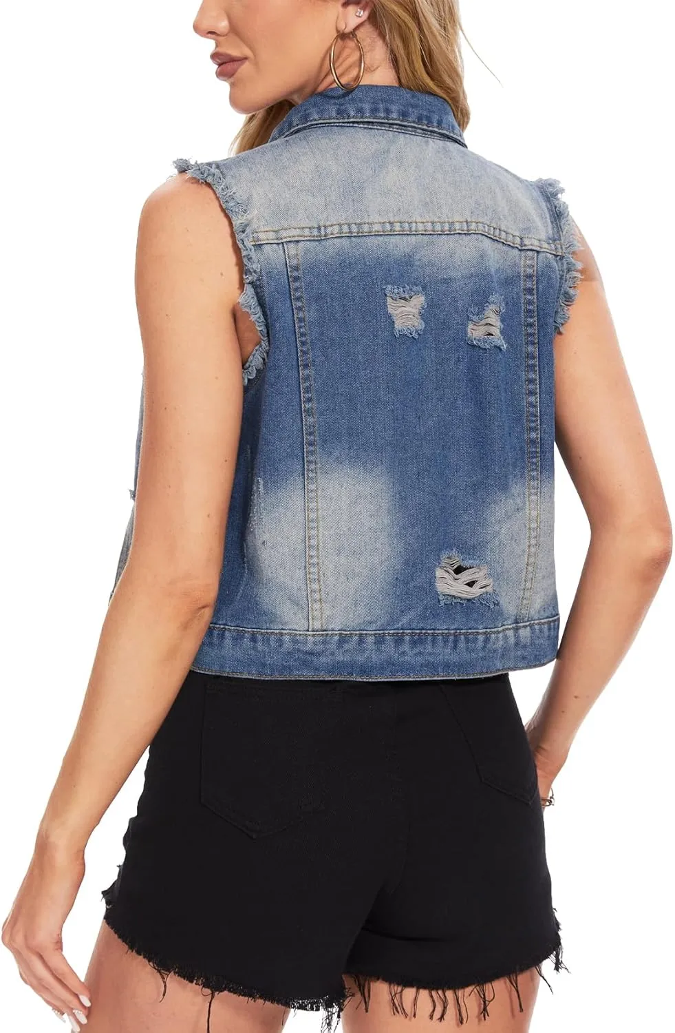 MISS MOLY Women's Cropped Distressed Ripped Denim Vest Classic Sleeveless Jean Vest Jackets With Flap Pockets