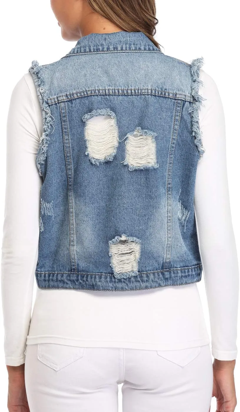 MISS MOLY Women's Cropped Distressed Ripped Denim Vest Classic Sleeveless Jean Vest Jackets With Flap Pockets