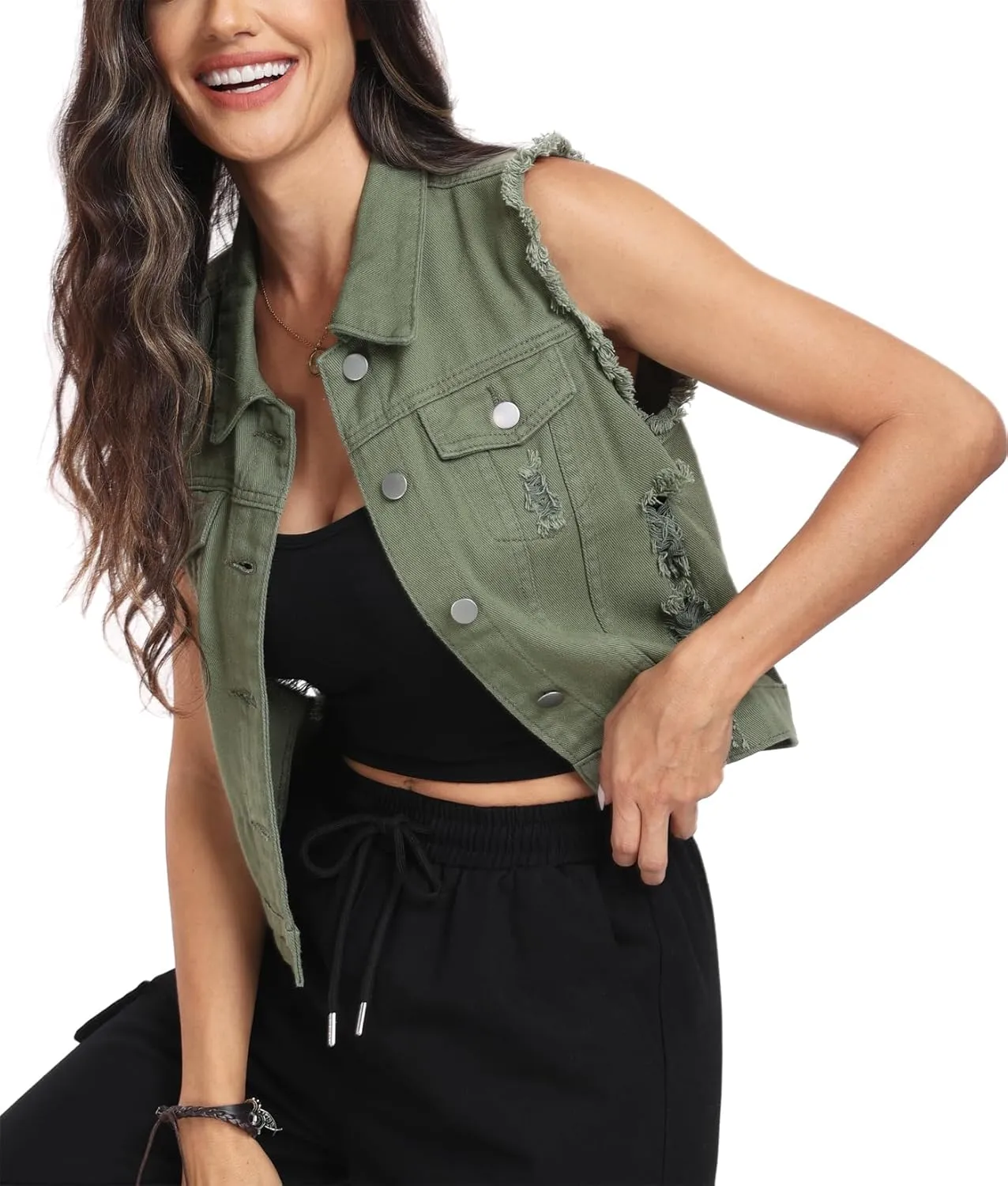 MISS MOLY Women's Cropped Distressed Ripped Denim Vest Classic Sleeveless Jean Vest Jackets With Flap Pockets