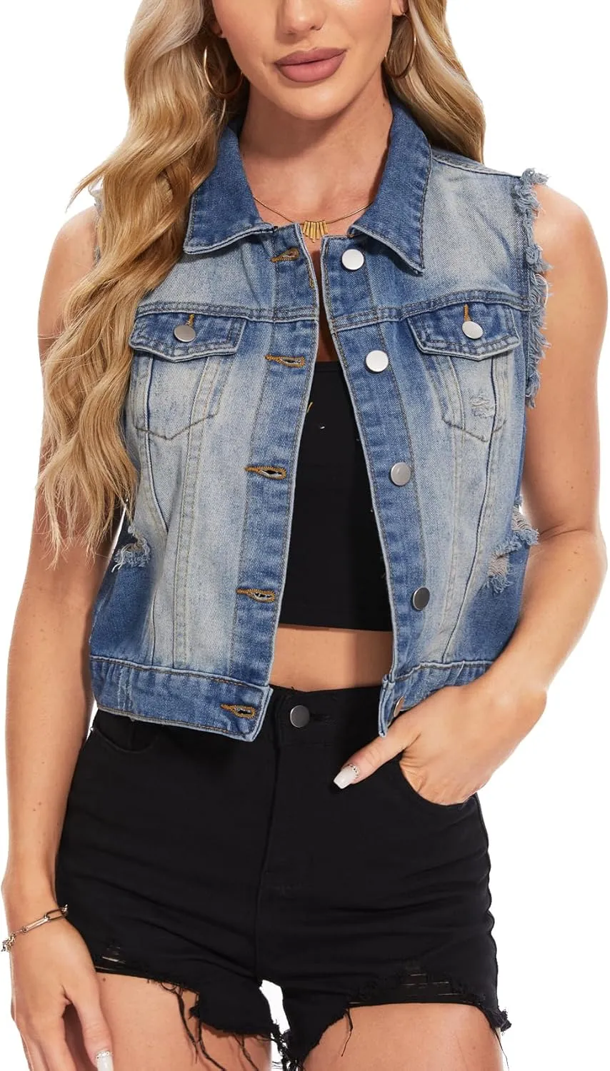 MISS MOLY Women's Cropped Distressed Ripped Denim Vest Classic Sleeveless Jean Vest Jackets With Flap Pockets