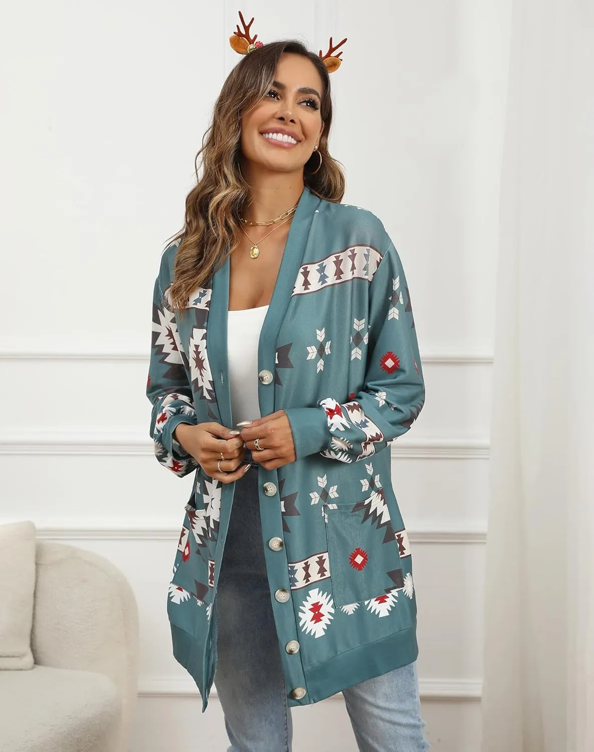 Miusey Womens Christmas Caridgans Lightweight Lantern Sleeve Button Holiday Knit Outwear with Pockets