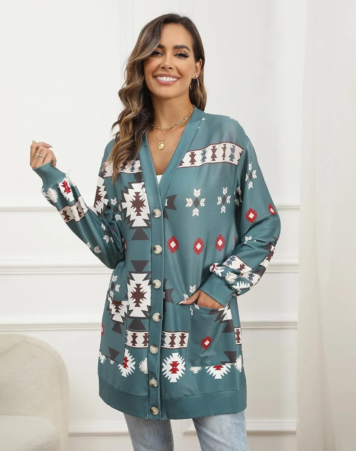 Miusey Womens Christmas Caridgans Lightweight Lantern Sleeve Button Holiday Knit Outwear with Pockets