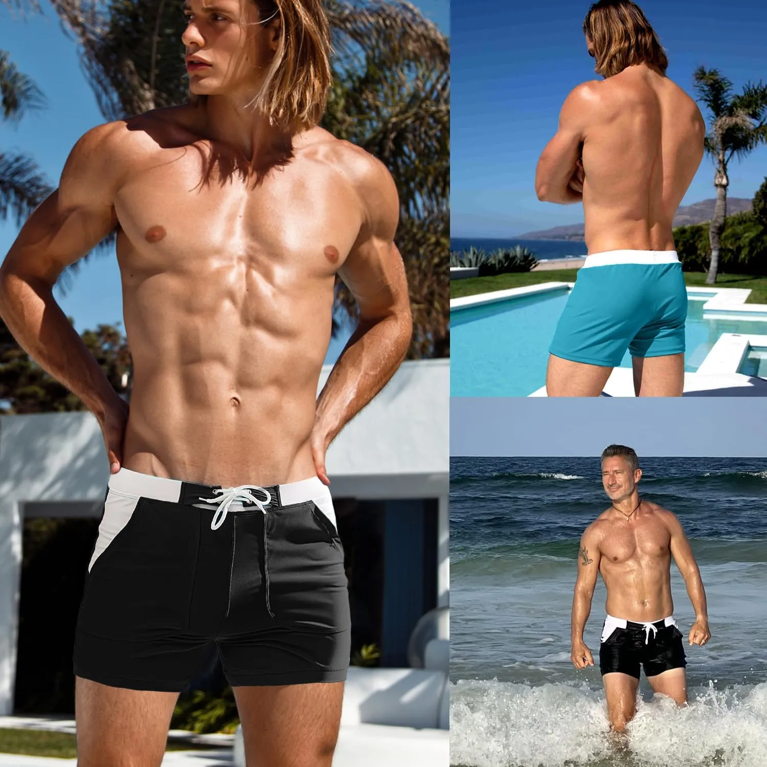 MIZOK Mens Sport Quick Dry Boxers Swimwear Short Swim Swimwear Color Block Trunks with Side Pockets