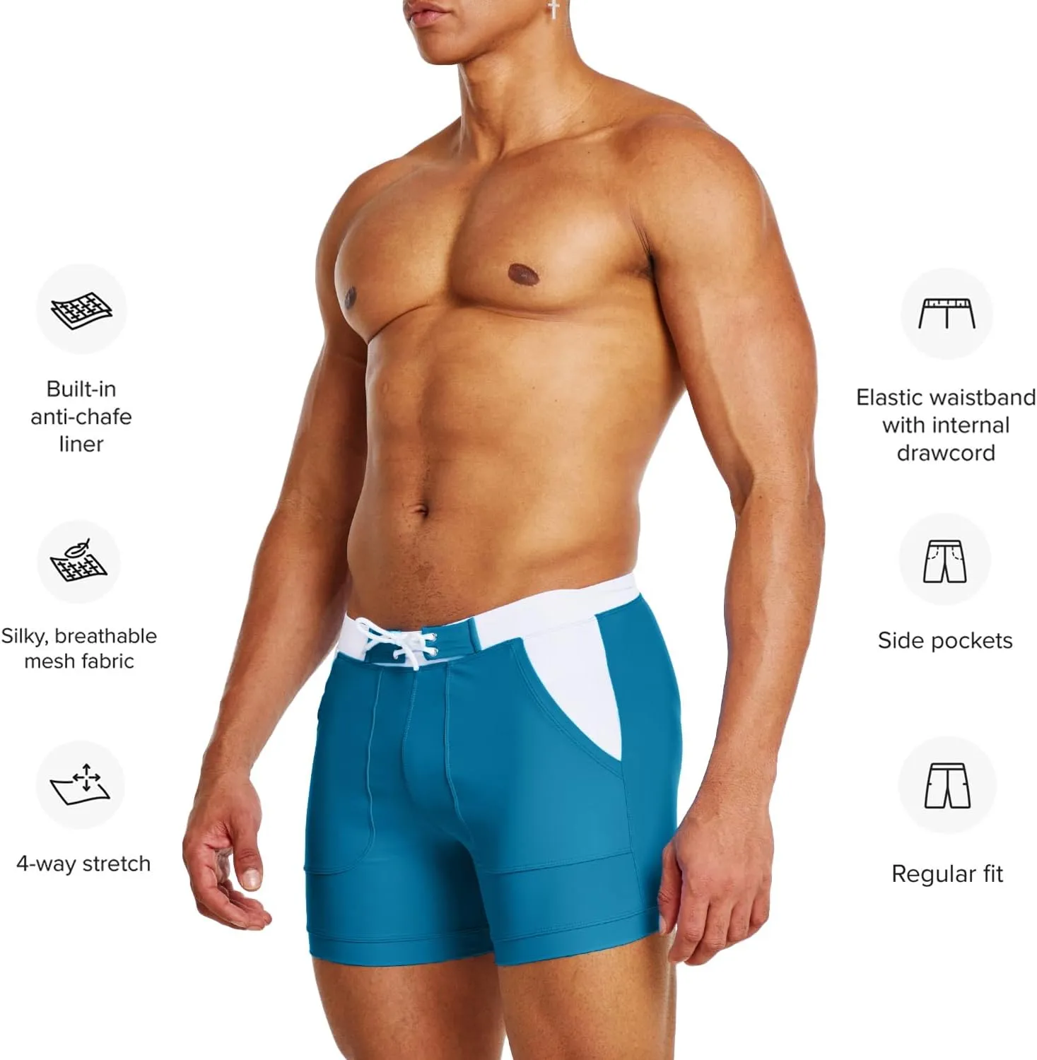 MIZOK Mens Sport Quick Dry Boxers Swimwear Short Swim Swimwear Color Block Trunks with Side Pockets