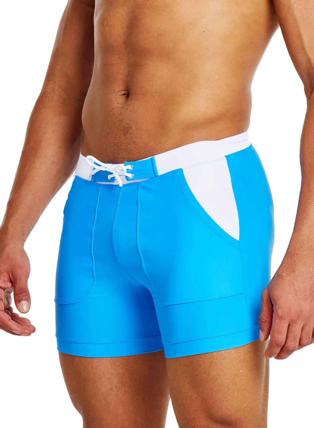 MIZOK Mens Sport Quick Dry Boxers Swimwear Short Swim Swimwear Color Block Trunks with Side Pockets