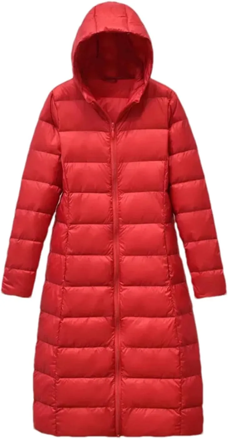 Mnjyihy Women Long Down Jacket Lightweight Packable Quilted Slim Fit Hooded Down Coat Casual Puffer Jackets