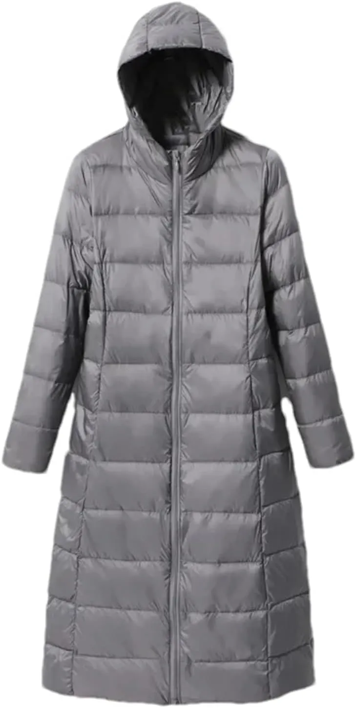 Mnjyihy Women Long Down Jacket Lightweight Packable Quilted Slim Fit Hooded Down Coat Casual Puffer Jackets