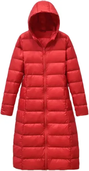 Mnjyihy Women Long Down Jacket Lightweight Packable Quilted Slim Fit Hooded Down Coat Casual Puffer Jackets