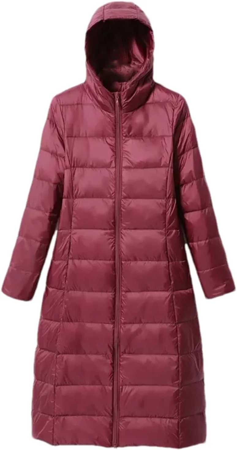 Mnjyihy Women Long Down Jacket Lightweight Packable Quilted Slim Fit Hooded Down Coat Casual Puffer Jackets