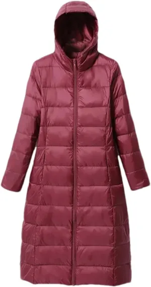 Mnjyihy Women Long Down Jacket Lightweight Packable Quilted Slim Fit Hooded Down Coat Casual Puffer Jackets