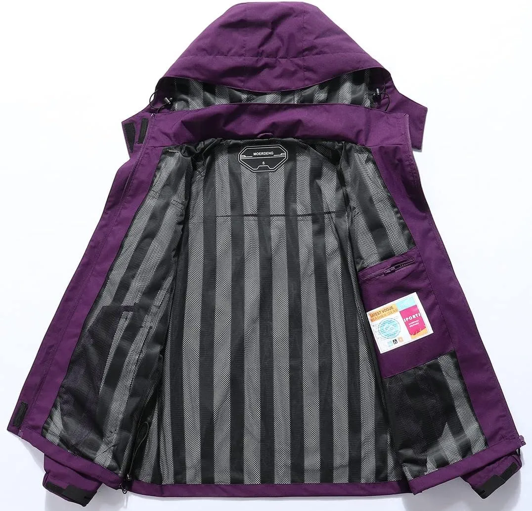 MOERDENG Women's Waterproof Rain Jacket Outdoor Lightweight Hooded Raincoat for Hiking Travel