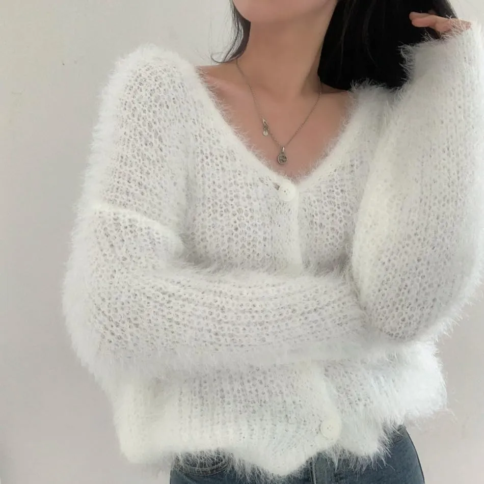 Mohair Cardigan for Women - Fuzzy Open Front Oversized Faux Fur Coquette Sweater
