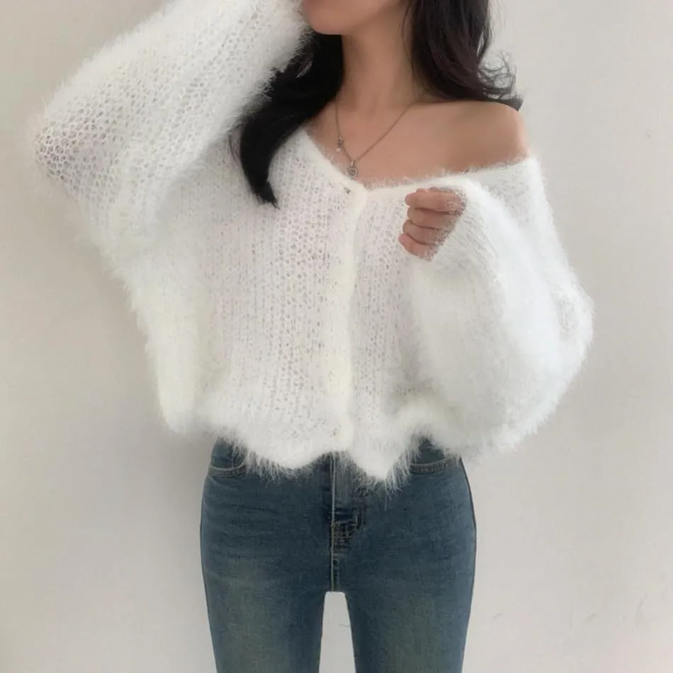 Mohair Cardigan for Women - Fuzzy Open Front Oversized Faux Fur Coquette Sweater