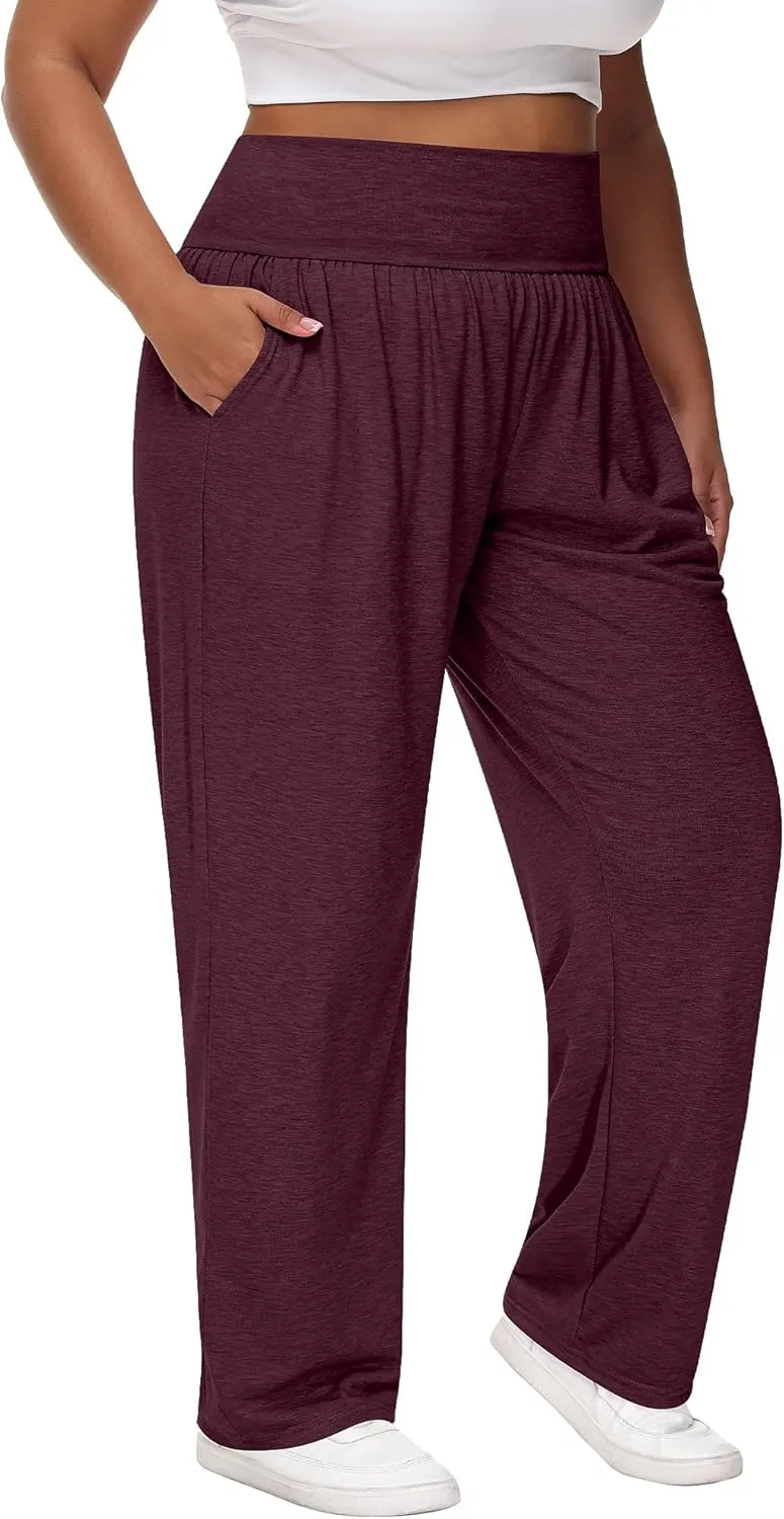 Neer 3 Pack Women Plus Size Wide Leg Yoga Pants High Waist Sweatpants Plus Size Palazzo Pants Lounge with Pockets