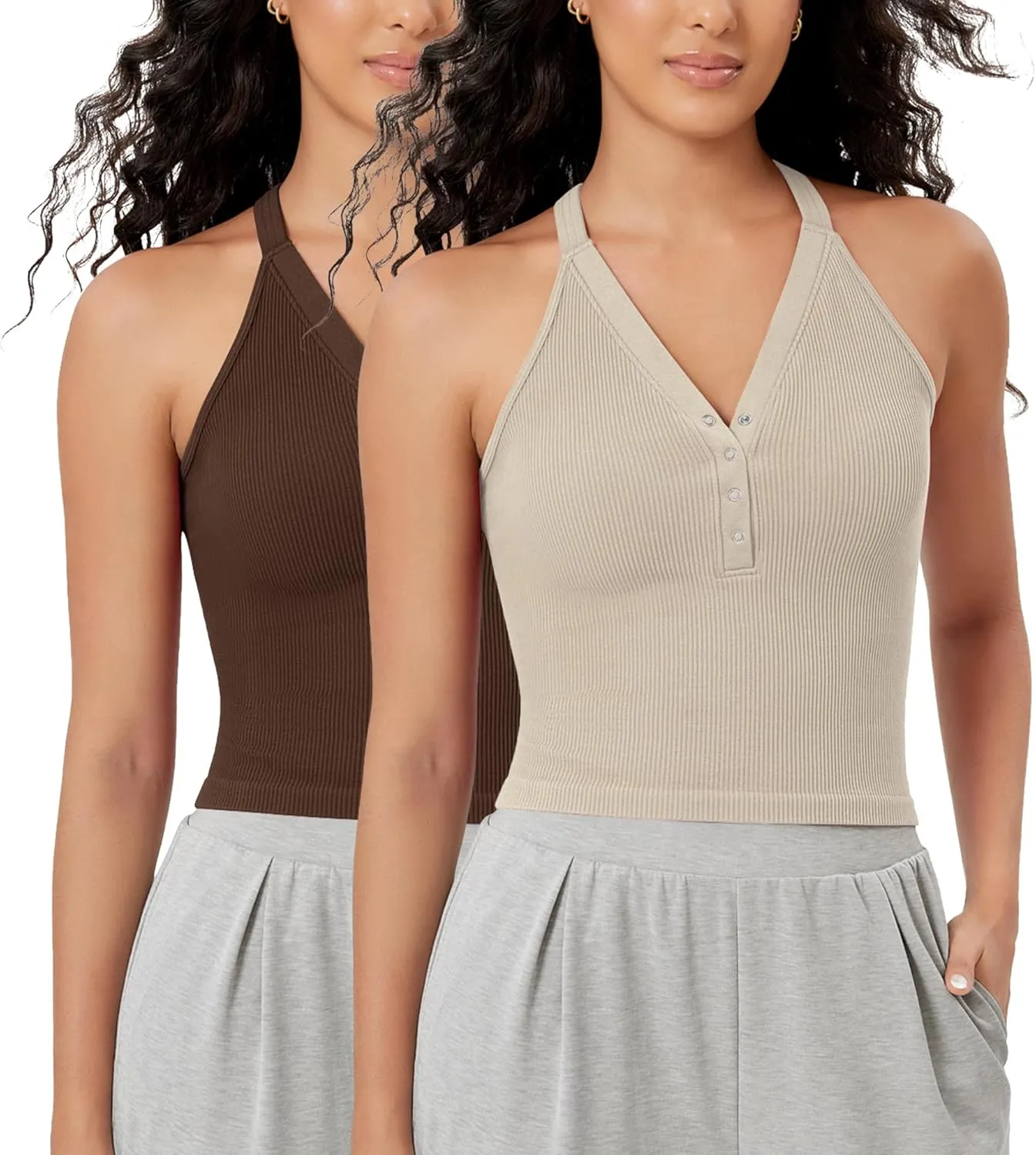 ODODOS 2-Pack Seamless Henley Crop for Women Open Back Ribbed Tank Button-up Cropped Top