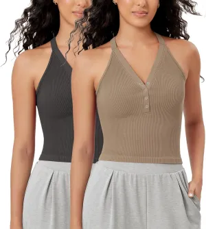 ODODOS 2-Pack Seamless Henley Crop for Women Open Back Ribbed Tank Button-up Cropped Top