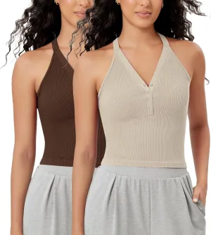 ODODOS 2-Pack Seamless Henley Crop for Women Open Back Ribbed Tank Button-up Cropped Top