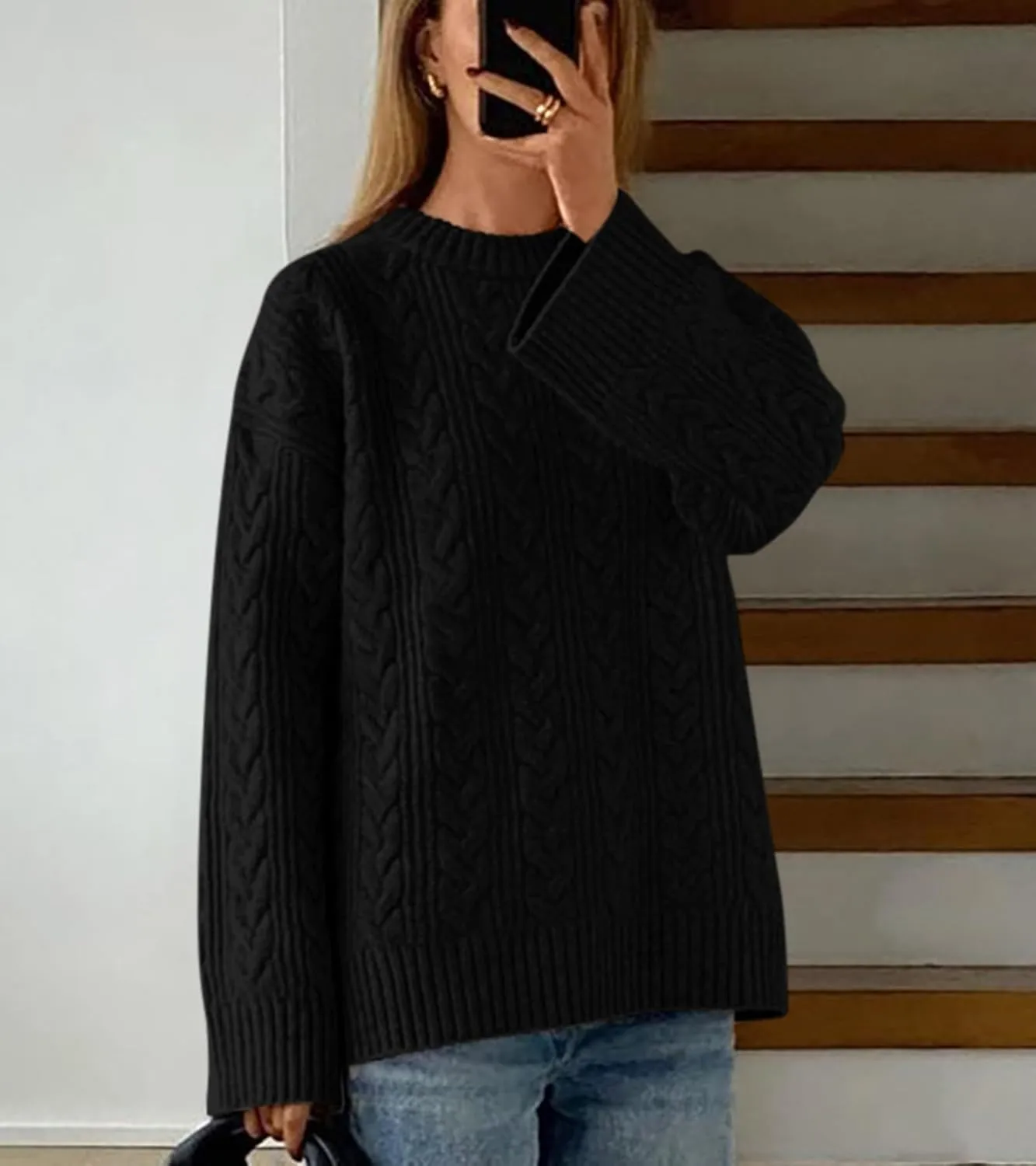 Okiwam Women's Oversized Sweaters Long Sleeve Crewneck Chunky Knitted Pullover 2025 Fall Fashion Solid Color Jumper Tops
