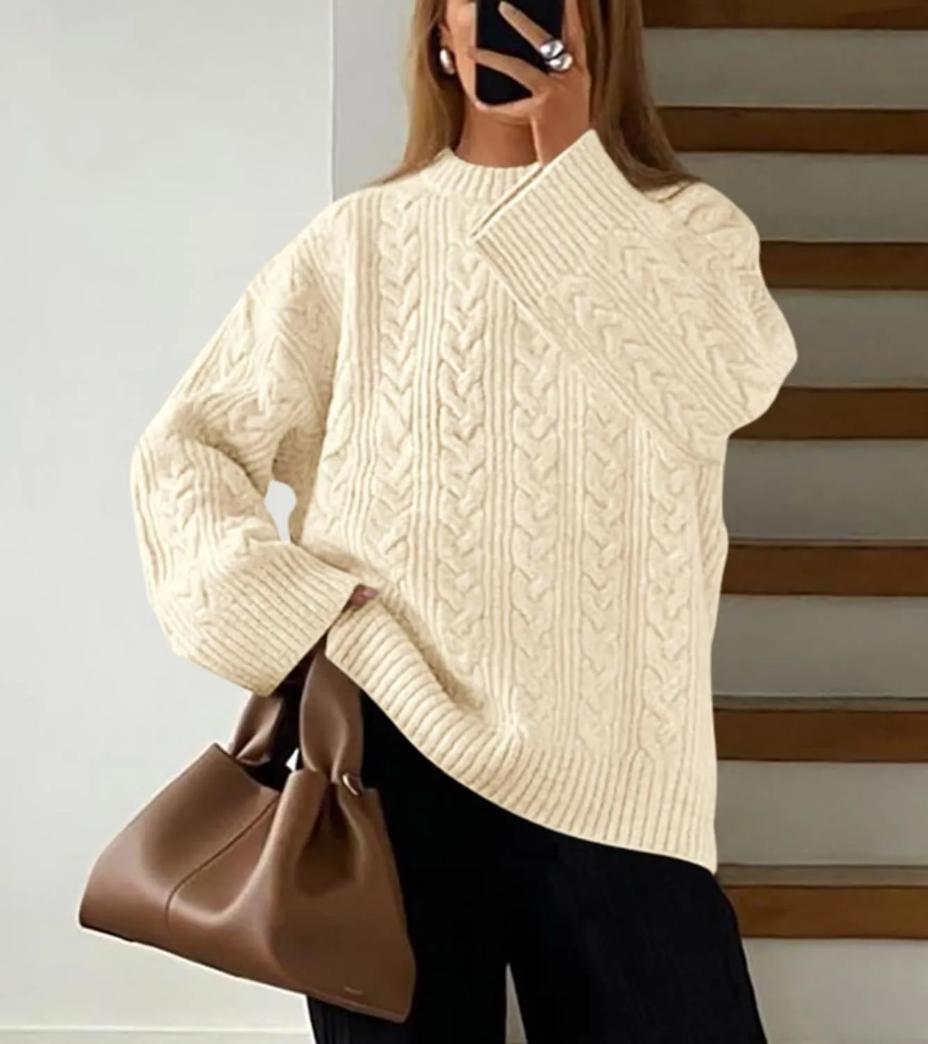Okiwam Women's Oversized Sweaters Long Sleeve Crewneck Chunky Knitted Pullover 2025 Fall Fashion Solid Color Jumper Tops