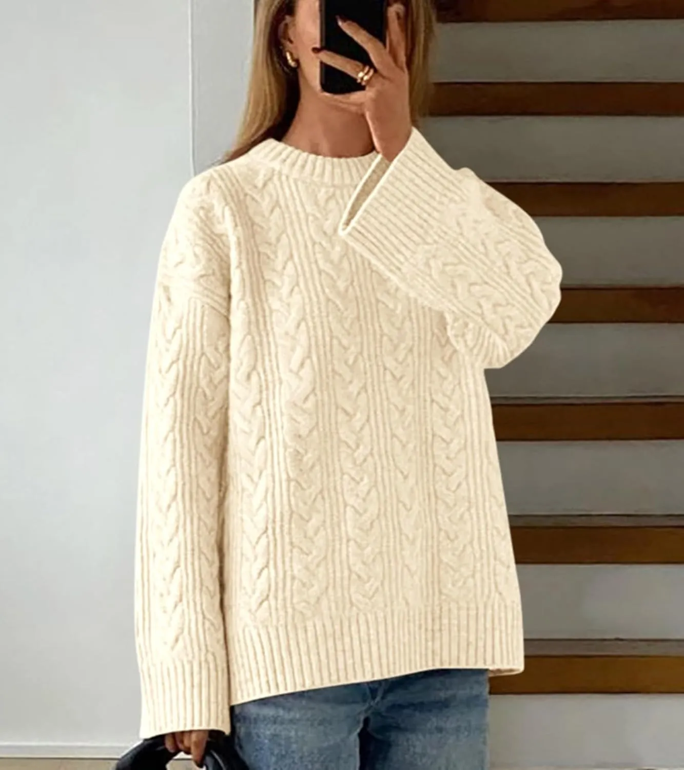 Okiwam Women's Oversized Sweaters Long Sleeve Crewneck Chunky Knitted Pullover 2025 Fall Fashion Solid Color Jumper Tops